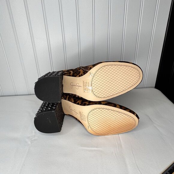 Jessica Simpson 9.5 Leather Cheetah Print Studded heel booties Real Cow Hair Fur - Picture 6 of 8